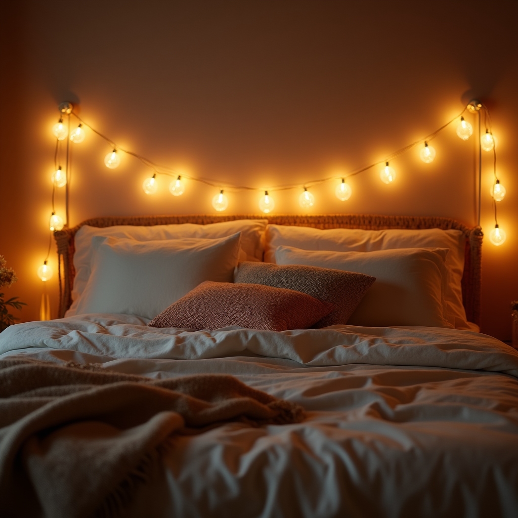 Catena luminosa a luce calda intrecciata sopra la testata di un letto in una camera da letto