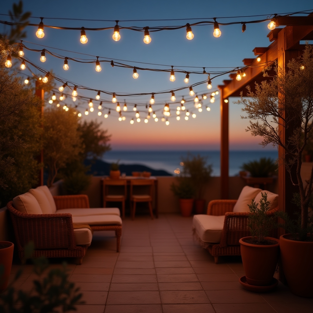 Catena luminosa a luce calda appesa su una terrazza al tramonto tra piante e sedute in legno