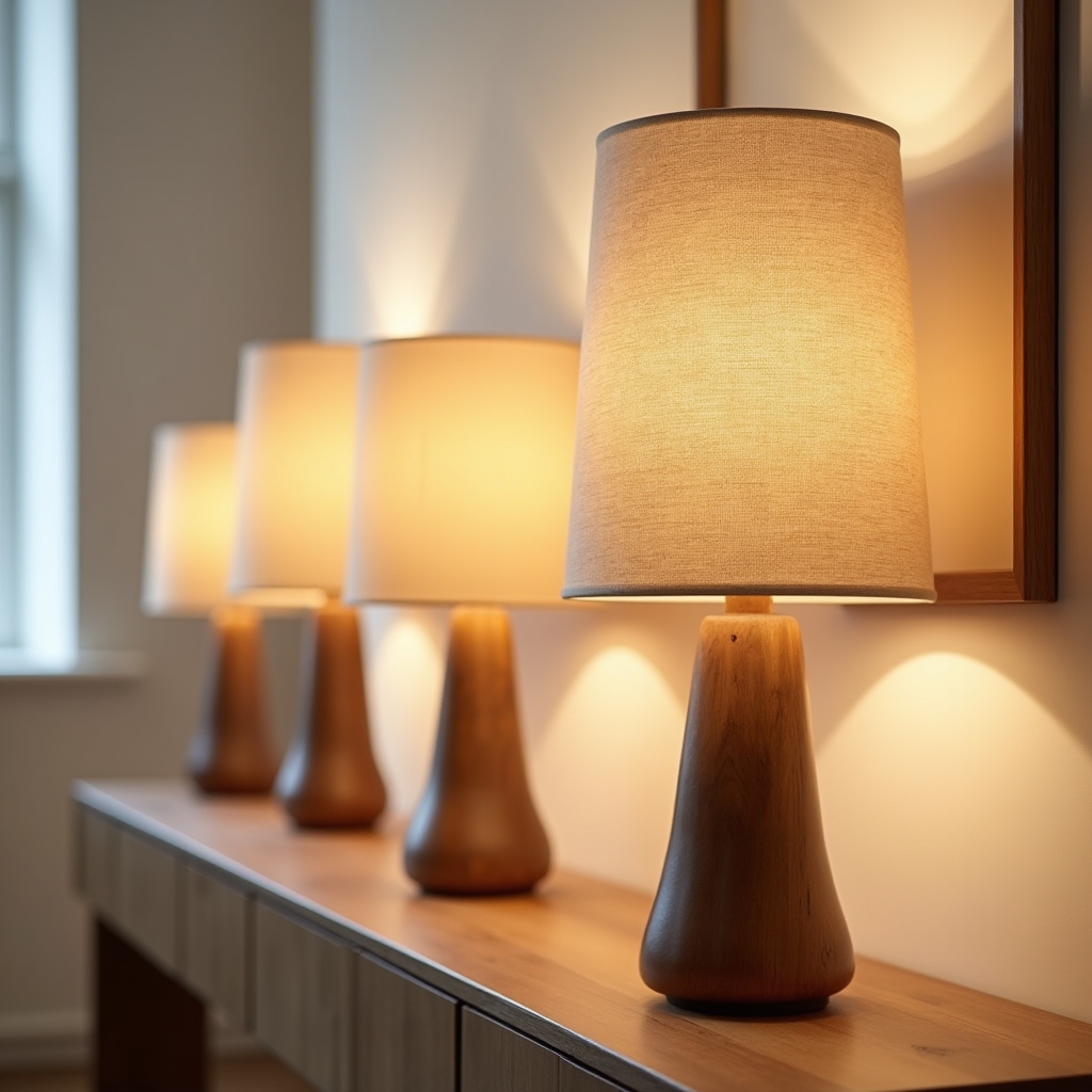 Tre lampade da tavolo con base in legno di ulivo e paralumi in lino naturale allineate su una consolle