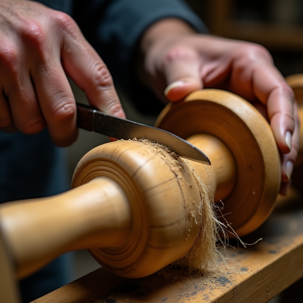 Primo piano delle mani di un artigiano mentre tornisce una base in legno di ulivo su un tornio da legno