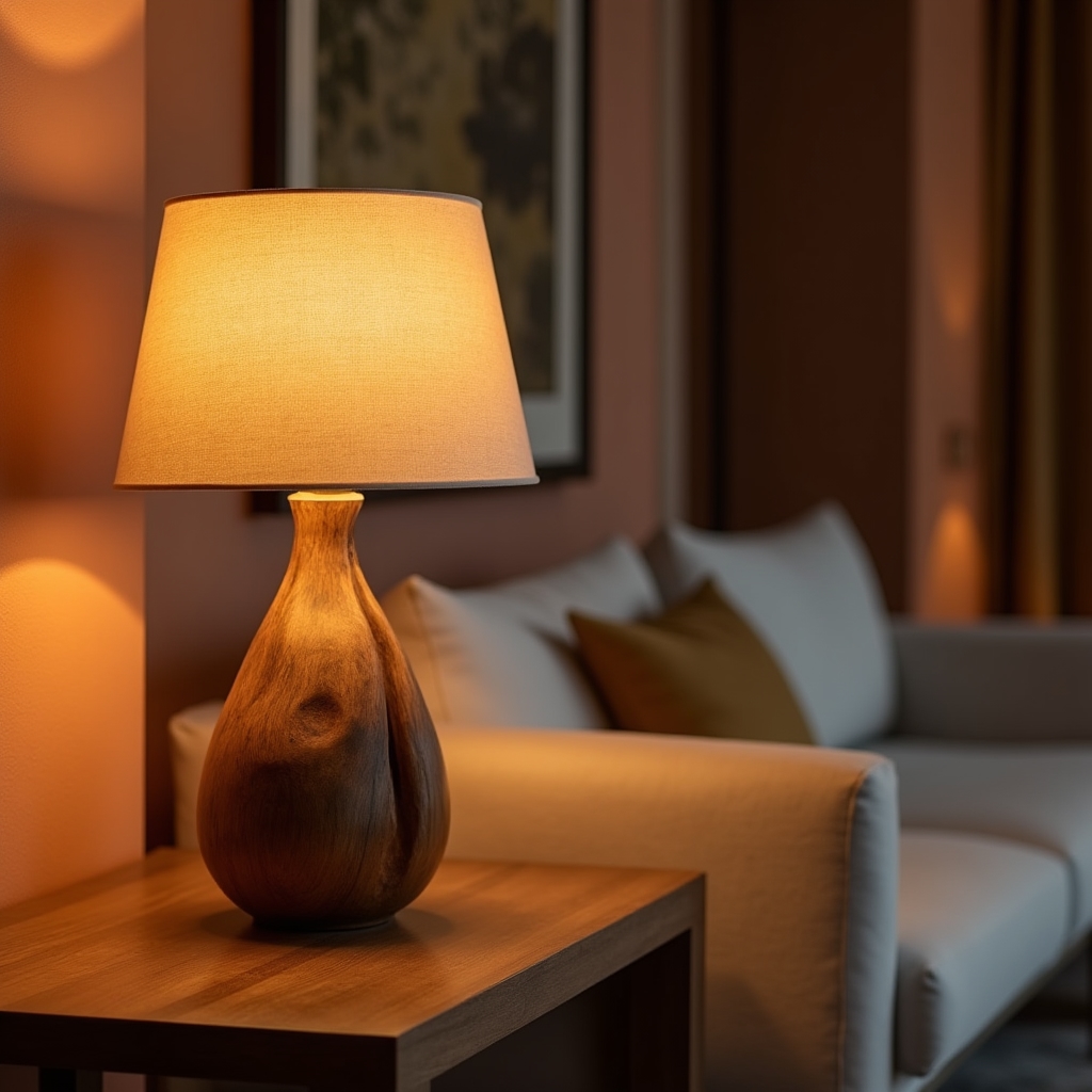 Lampada da tavolo con base in legno di ulivo recuperato e paralume in lino naturale, accesa in un salotto in penombra