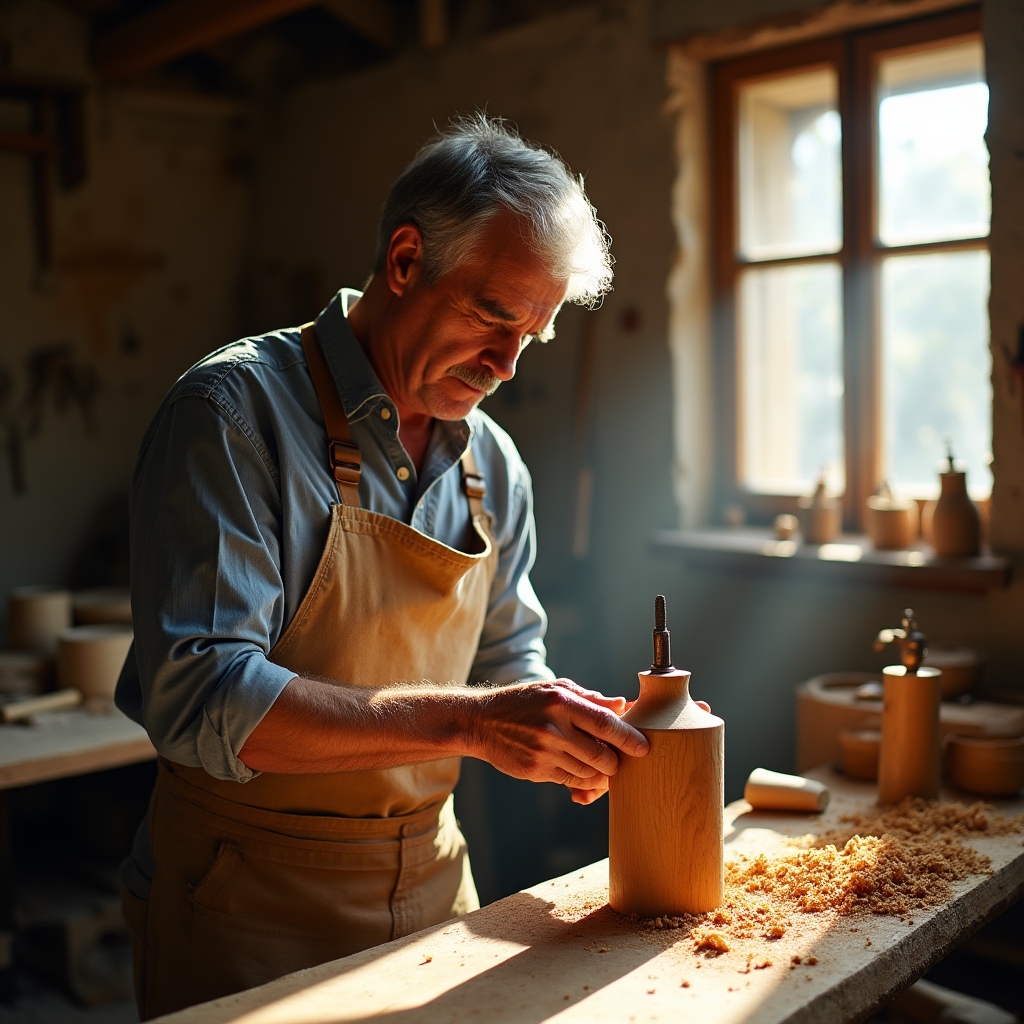 Vista d'insieme di un laboratorio toscano con banchi da lavoro, basi in legno di ulivo e attrezzi appesi alla parete