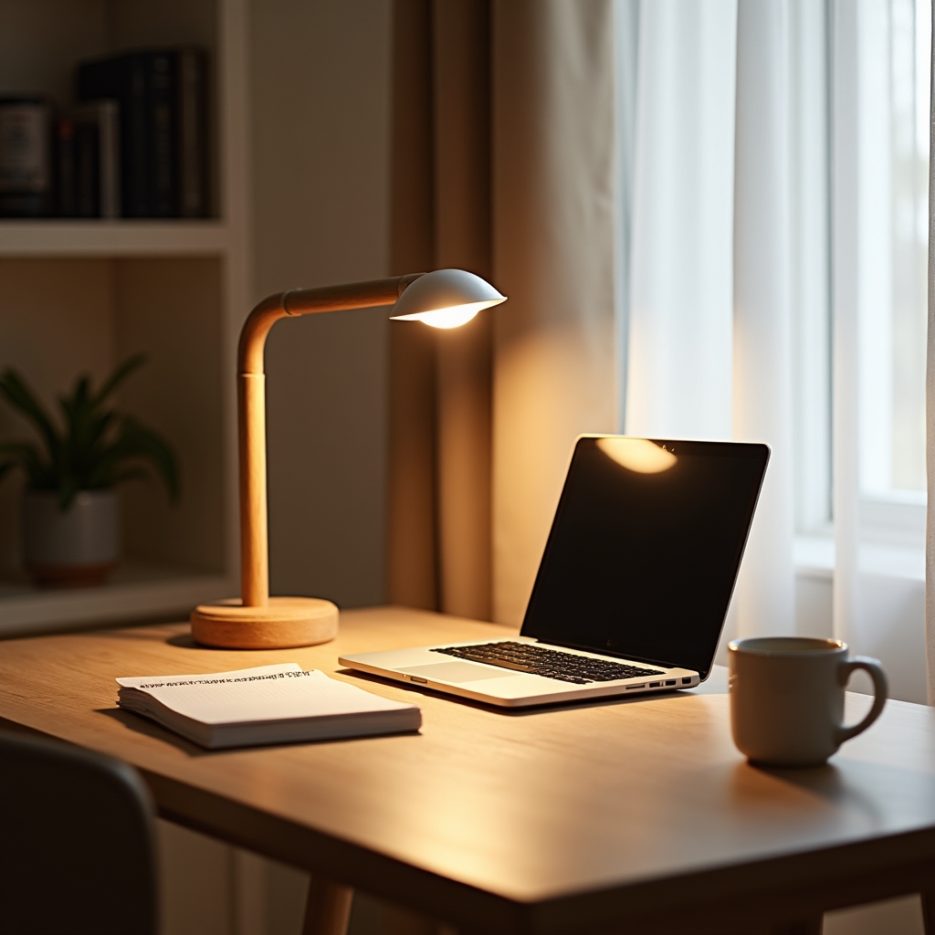 Scrivania da studio con lampada da tavolo con base in legno di ulivo accesa accanto a un computer portatile